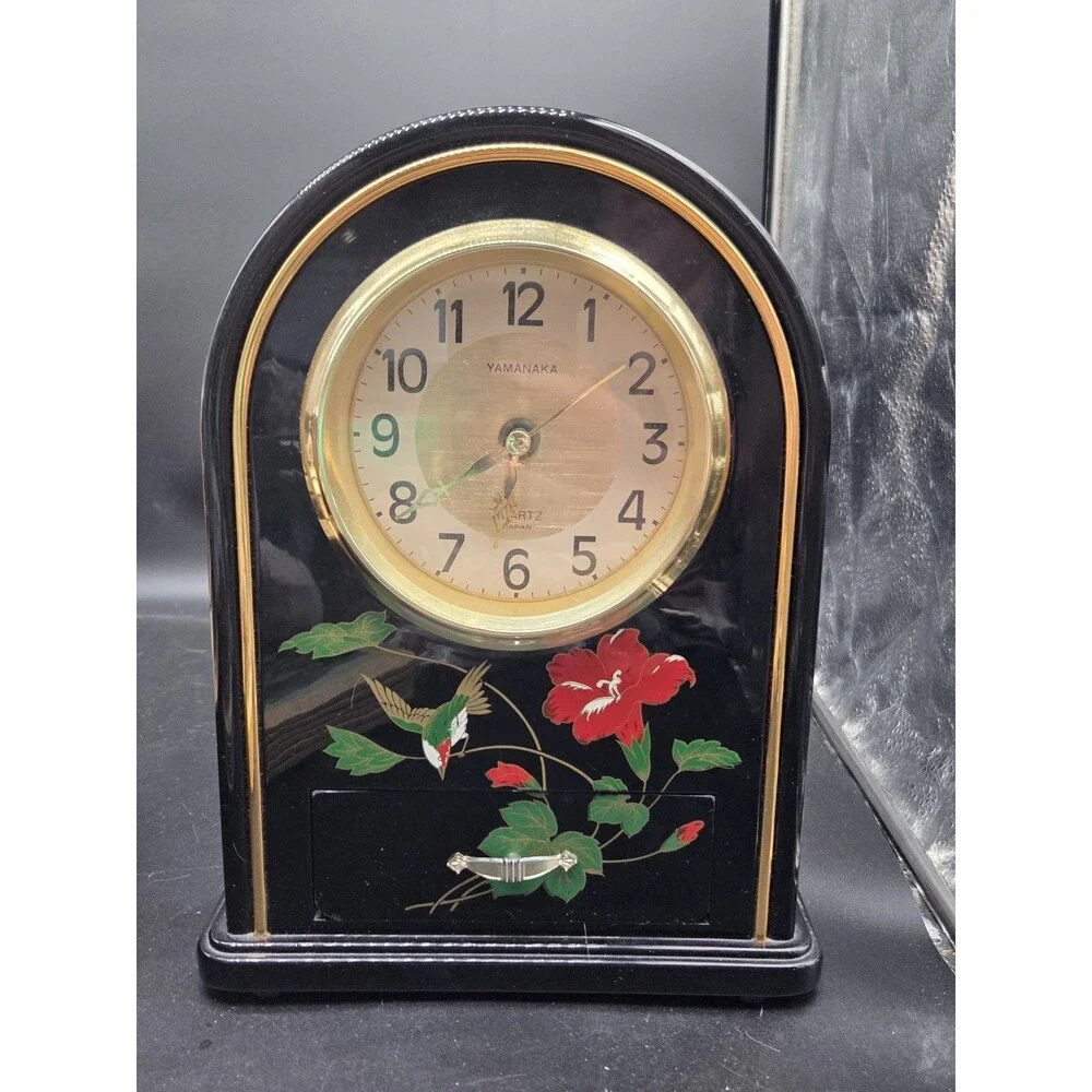 Vintage Yamanaka Quartz Mantel Clock Tabletop Black Red Hummingbird Flower